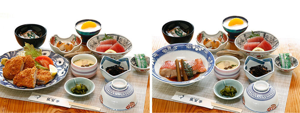 左：ヒレカツと刺身御膳 右：金目の煮付けと刺身御膳